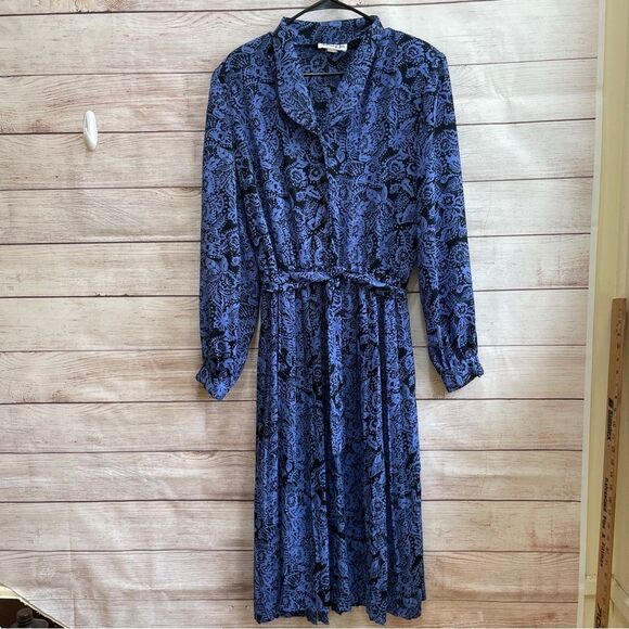 VINTAGE HENRY LEE BLUE FLORAL MIDI DRESS - Picture 1 of 8